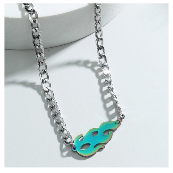 Fire Flame Gunmetal Charm Cuban Link Necklace Silver Colored Chain - Picture 4 of 5